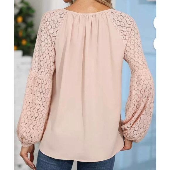 WOMEN'S SEXY ROUND TIE NECK LACE SLEEVES LOOSE BLOUSE COLOR PINK NWOT Size L - Picture 3 of 8